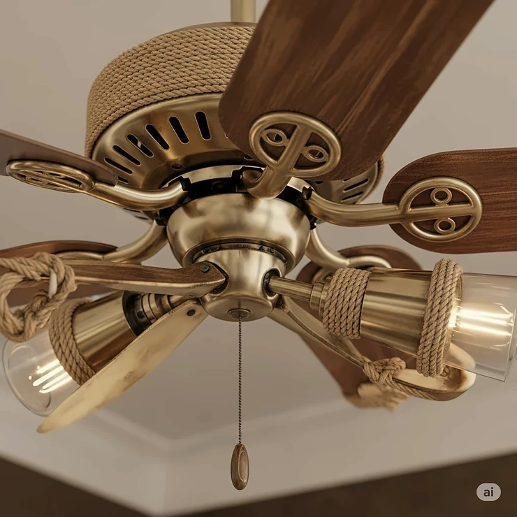 A coastal ceiling fan incorporating nautical elements like rope accents or boat propeller-style blades, perfect for a maritime-inspired interior.