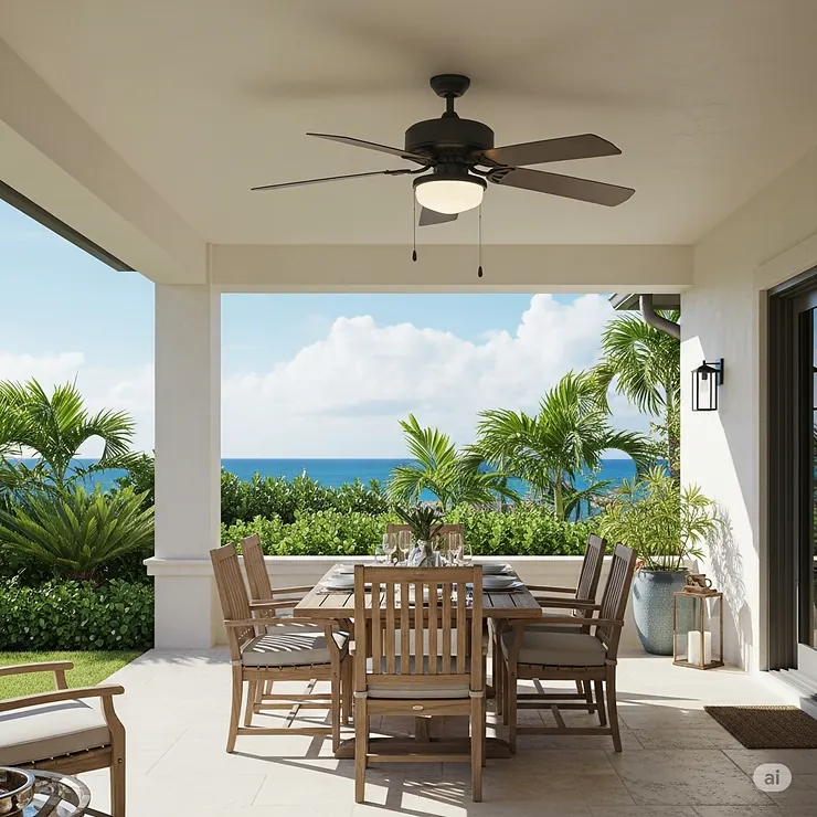 An outdoor-rated coastal ceiling fan with a durable finish installed on a covered patio, providing a refreshing breeze for an al fresco dining area.