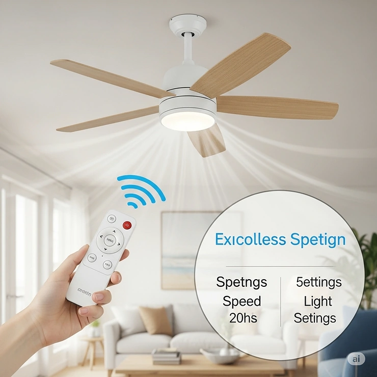 A smart coastal ceiling fan with remote control capabilities, blending modern technology with a relaxed coastal design for convenience and comfort.