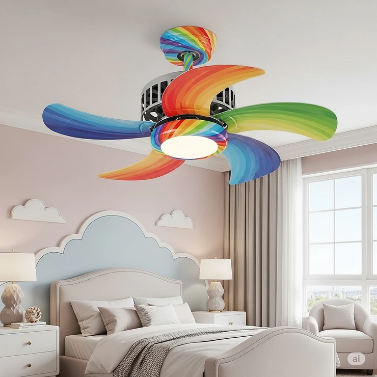 A playful, colorful mini ceiling fan with a propeller design, installed safely in a child's bedroom to keep them cool while adding a fun decorative element.