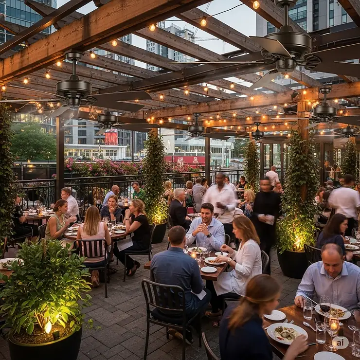 Several durable hanging outdoor fans providing air circulation on a bustling restaurant patio, enhancing customer comfort.