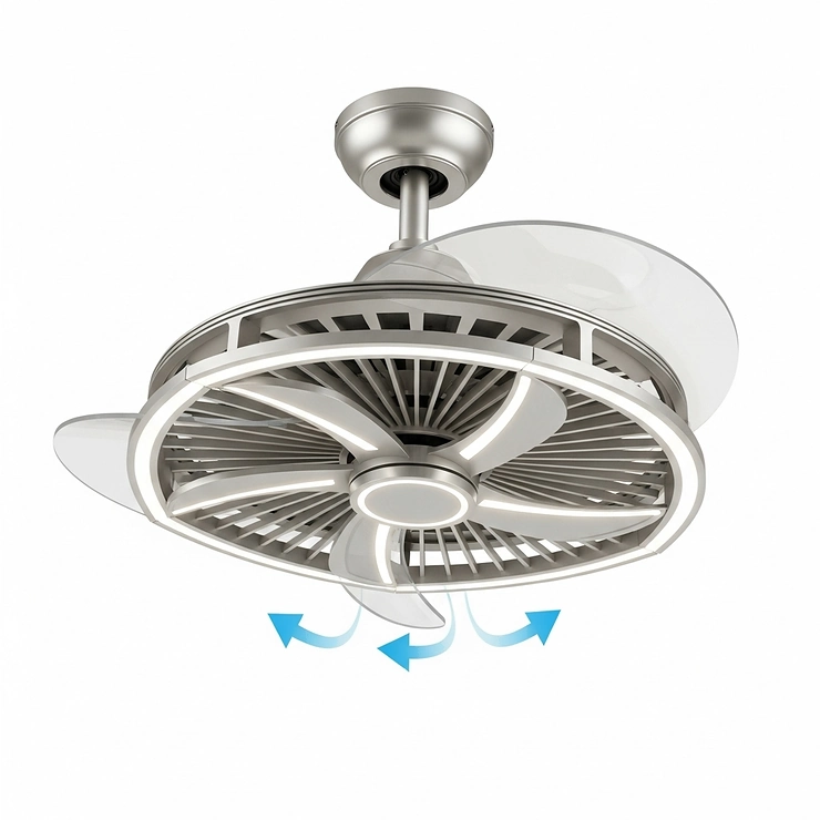 An illustration showing a cleverly designed compact ceiling fan, optimized for smaller rooms or low ceilings without compromising on airflow or interesting style.
