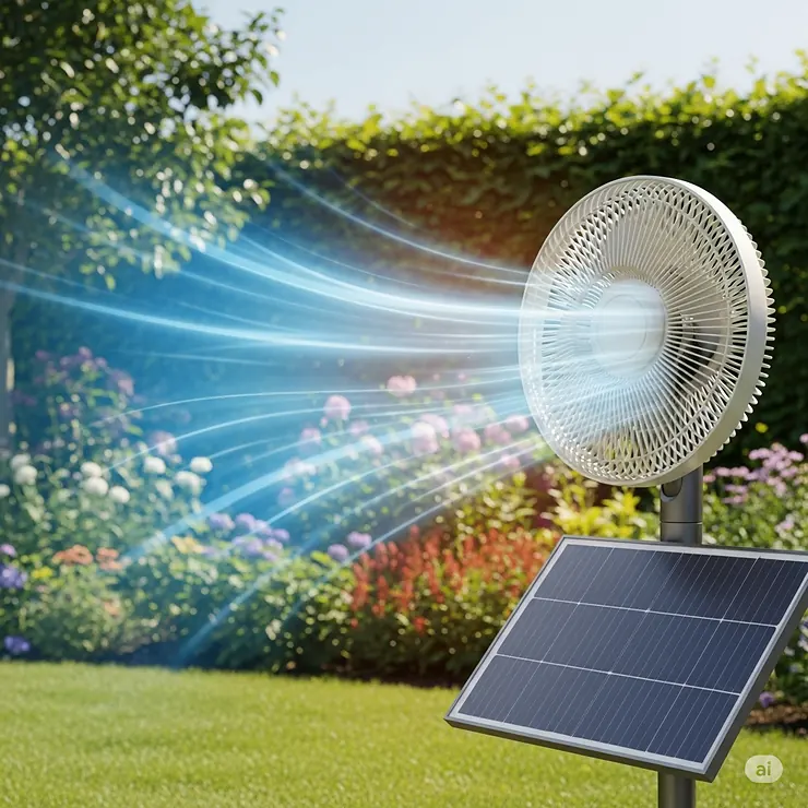 Visual representation of cool air flowing from a solar-powered outdoor fan, illustrating its effective cooling capabilities.