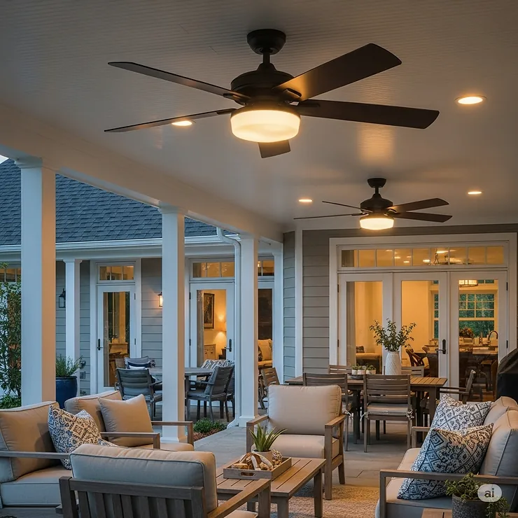 Stylish waterproof outdoor ceiling fan with light illuminating a spacious covered porch, creating a comfortable and inviting outdoor living space.