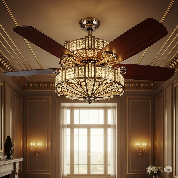 Luxurious art deco ceiling fan adorned with crystal accents, creating a dazzling focal point in a grand space.
