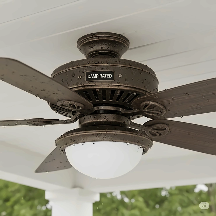 Detailed view of a damp-rated exterior porch fan, highlighting its weather-resistant construction suitable for covered outdoor spaces.