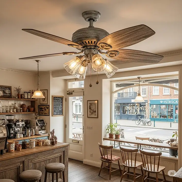 A beautiful decorative ceiling fan with a weathered finish, adding a comfortable and welcoming atmosphere to a quaint coffee shop.