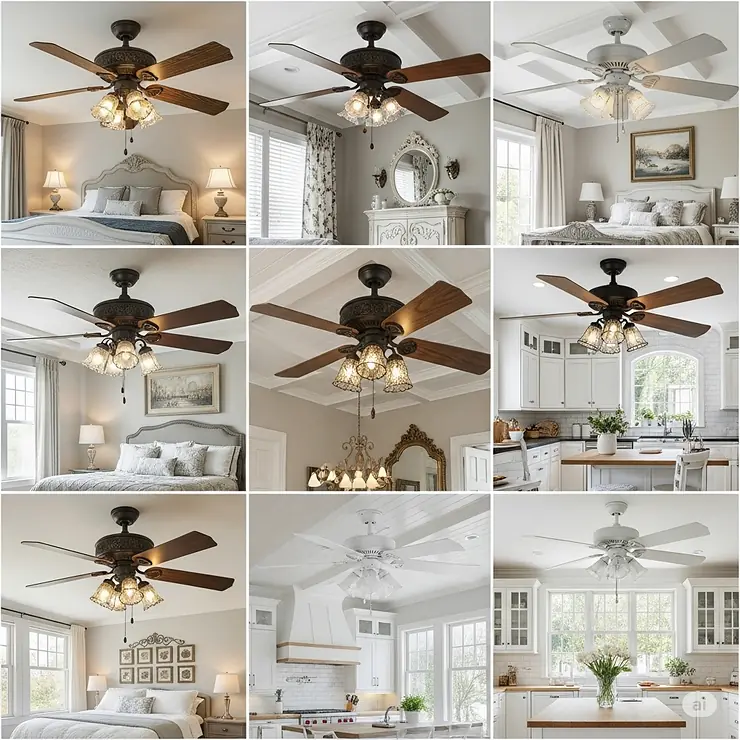 Collage showcasing various styles of French country ceiling fans, from ornate to more simplistic designs.