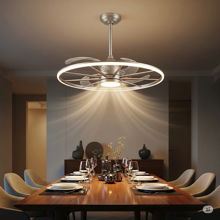 Stylish fandelier ceiling fan hanging above a dining table, adding a touch of elegance and providing comfortable air movement for enjoyable meals.