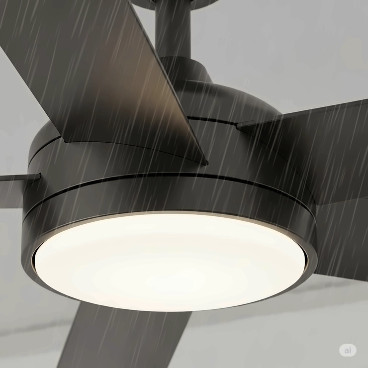 Close-up of the weather-resistant blades and durable housing of a high-performance waterproof outdoor ceiling fan, designed to withstand rain and humidity.