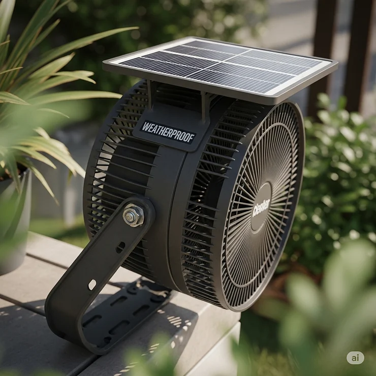 A robust solar-powered outdoor fan designed to withstand outdoor elements, indicating its durable and weatherproof construction.
