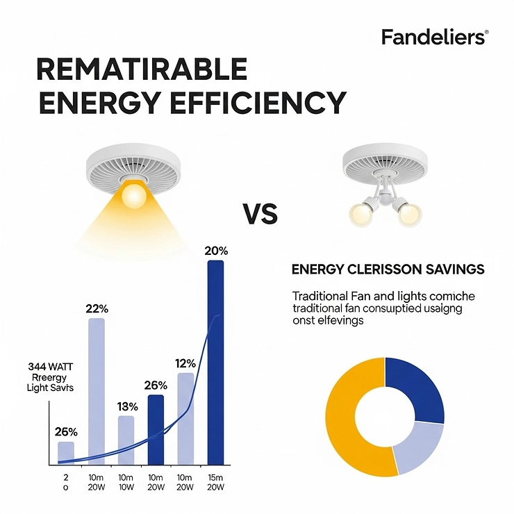 Graphic illustrating the energy efficiency of fandeliers ceiling fans, showcasing their ability to reduce energy consumption compared to traditional fans and lights.