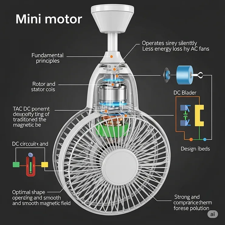 A diagram of an energy-efficient DC motor inside a mini ceiling fan, explaining how it operates quietly and consumes less power than a standard AC fan.