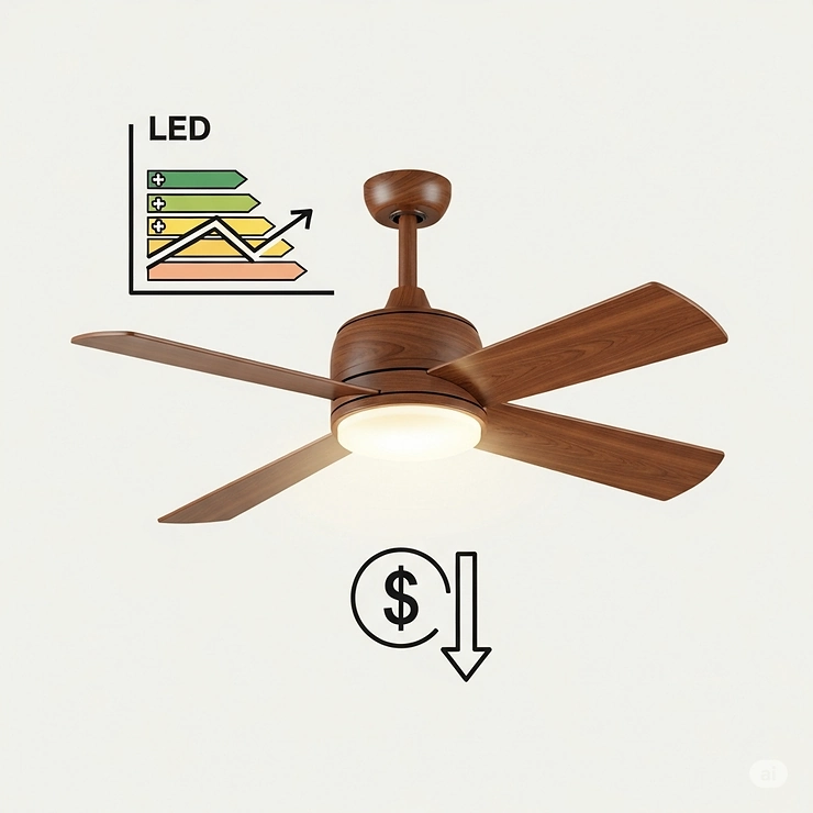Graphic icon representing the energy efficiency of a modern wood ceiling fan with LED light, emphasizing cost savings.