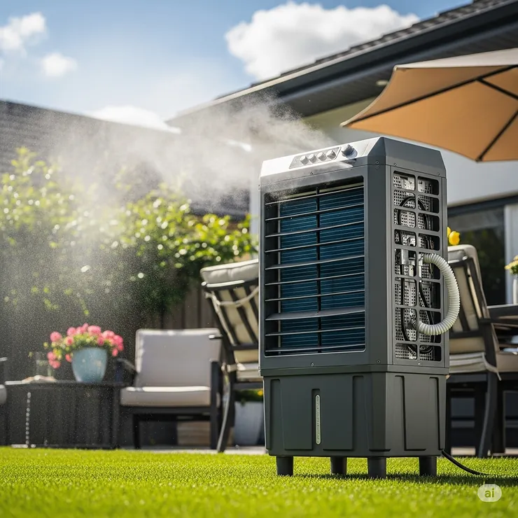 An evaporative outdoor cooler (swamp cooler) designed for large open areas, providing an eco-friendly cooling solution for fans outside.