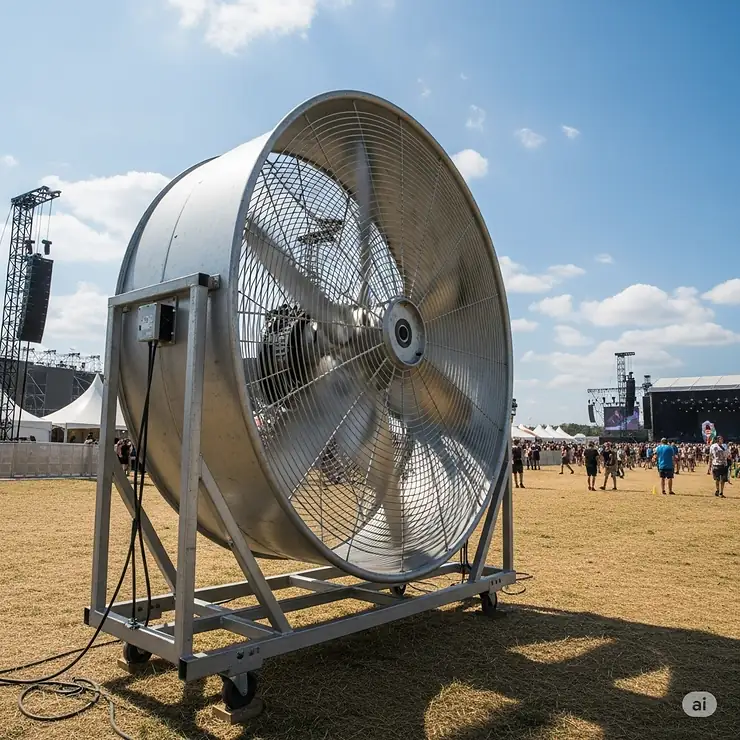 A heavy-duty industrial fan providing significant airflow for a large outdoor event, ensuring guests remain cool and comfortable with fans outside.