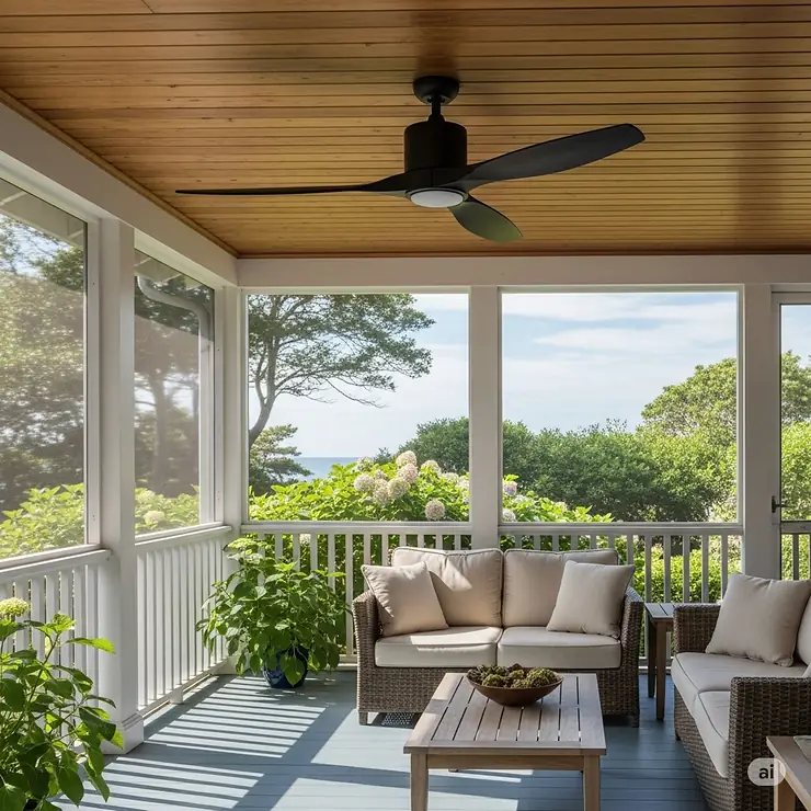 A sleek, black exterior porch fan mounted on the ceiling of a charming coastal home's screened-in porch, providing a refreshing breeze on a warm summer day.