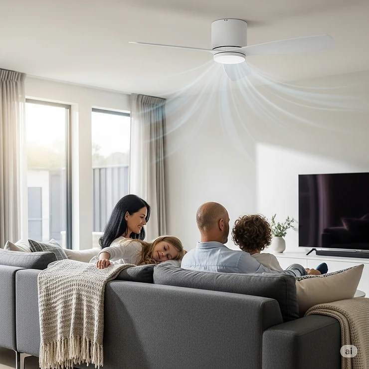 A family relaxing comfortably in a living space, subtly enjoying the cooling breeze from a quiet modern white ceiling fan, emphasizing comfort and lifestyle enhancement.
