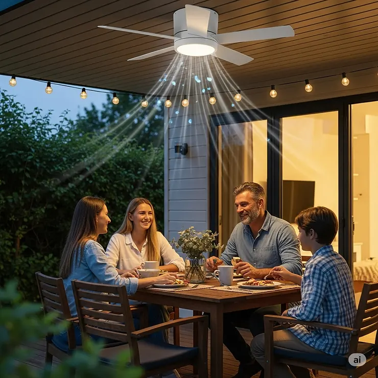 A family enjoying a cool evening on their patio under a well-lit, waterproof outdoor ceiling fan, illustrating enhanced comfort and usability of outdoor spaces.