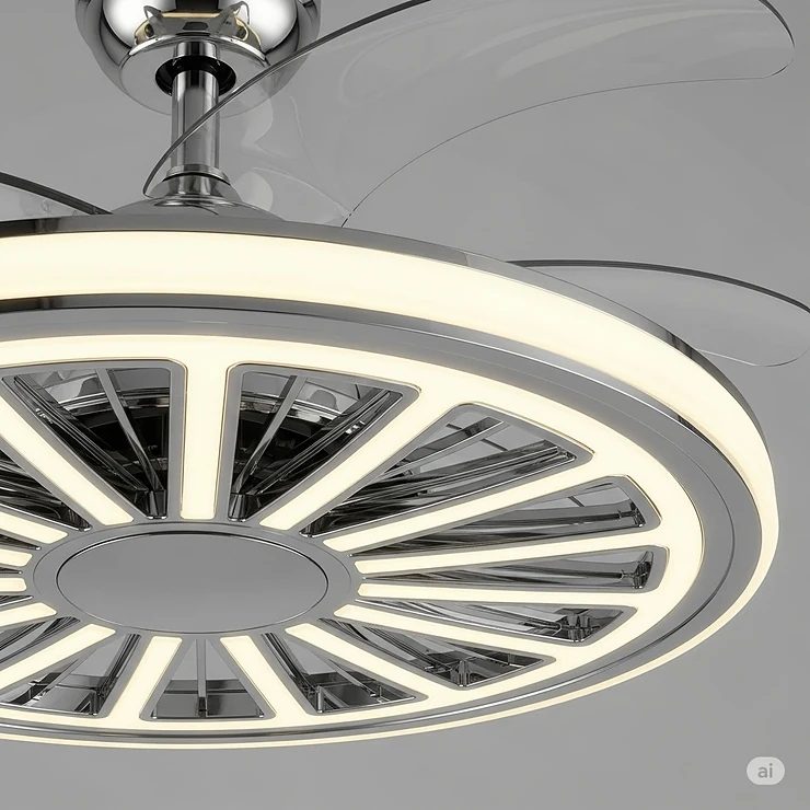 Close-up detail of a fandelier ceiling fan, highlighting the retractable blades and integrated LED lighting for efficient air circulation and ambient light.