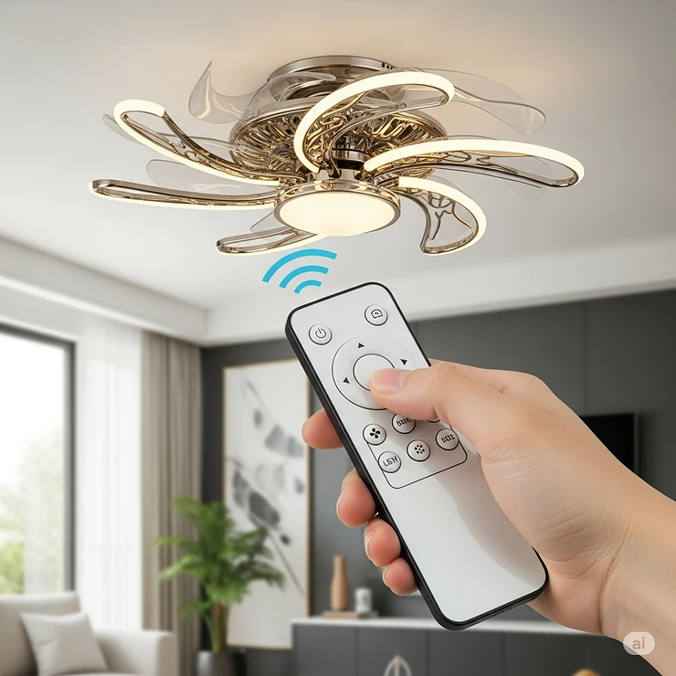 Hand holding a remote control, demonstrating the easy operation of a fandelier ceiling fan with adjustable fan speeds and dimmable light settings.