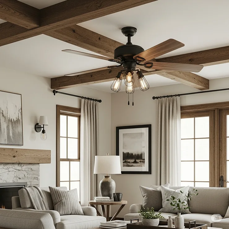 A rustic farmhouse-style ceiling fan with dark bronze accents and natural wood blades, perfectly complementing a cozy living room with exposed beams and neutral decor. ceiling fans farmhouse style