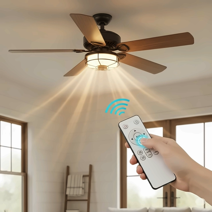 A farmhouse ceiling fan demonstrating its convenient remote control functionality, allowing easy adjustment of fan speed and light settings, enhancing comfort in any farmhouse-themed room.