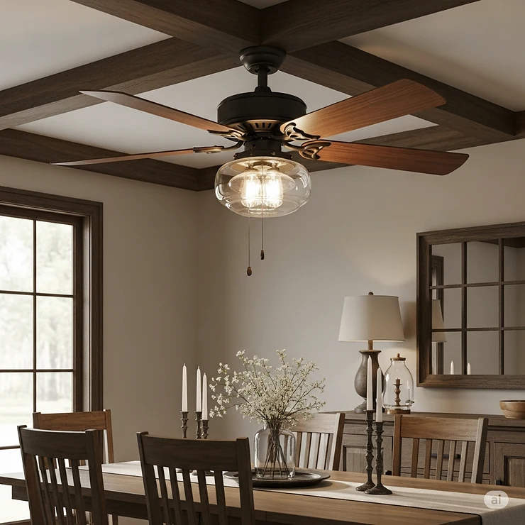 A classic farmhouse ceiling fan featuring an integrated LED light kit with a clear glass shade, providing both air circulation and ambient lighting in a dining space.