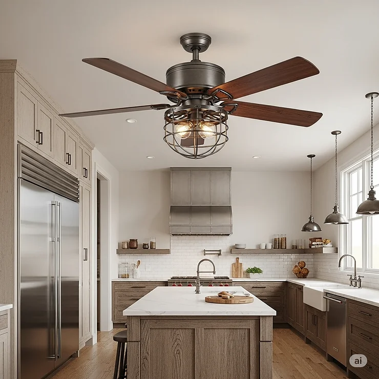 An industrial farmhouse style ceiling fan with metal cage accents and dark wood blades, blending rustic charm with an urban edge in an open-concept kitchen.