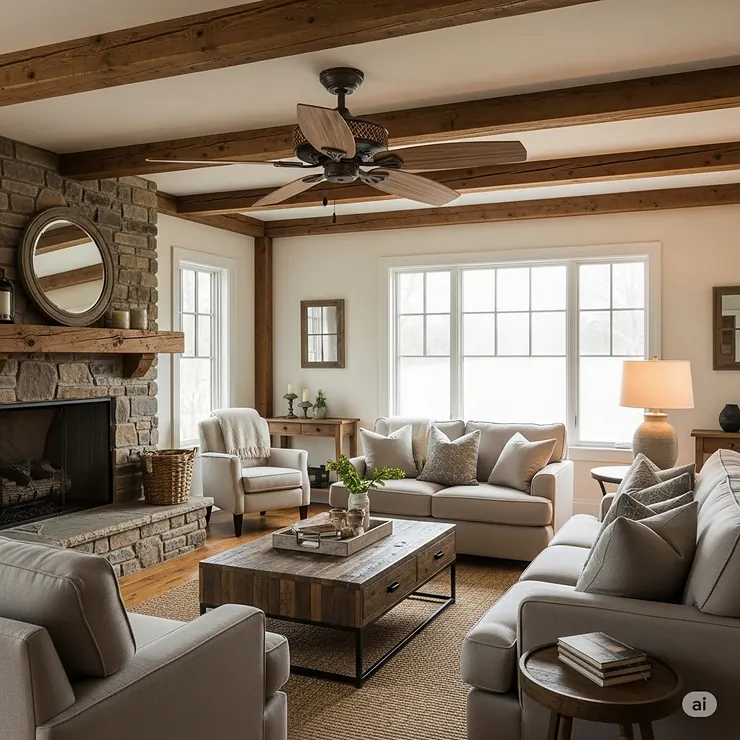 A cozy farmhouse living room featuring a rustic wood-bladed ceiling fan, blending traditional style with modern comfort.