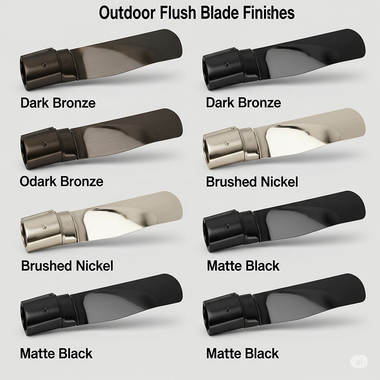 Variety of blade finishes available for an outdoor flush ceiling fan, including dark bronze, brushed nickel, and matte black, to complement any outdoor decor.