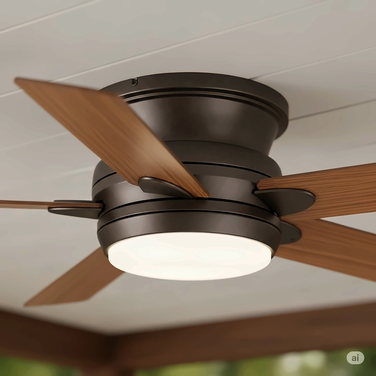 Detailed view of an outdoor flush mount ceiling fan, highlighting its low-profile design and durable, weather-resistant materials for outdoor use.