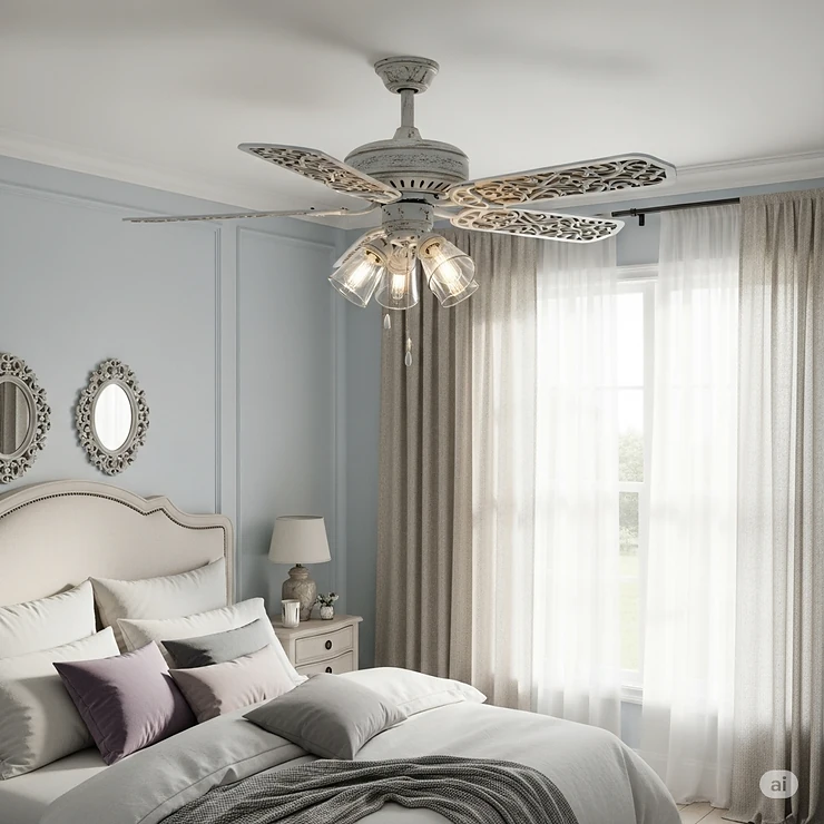 French country ceiling fan installed in a serene bedroom, providing both airflow and a touch of vintage charm.