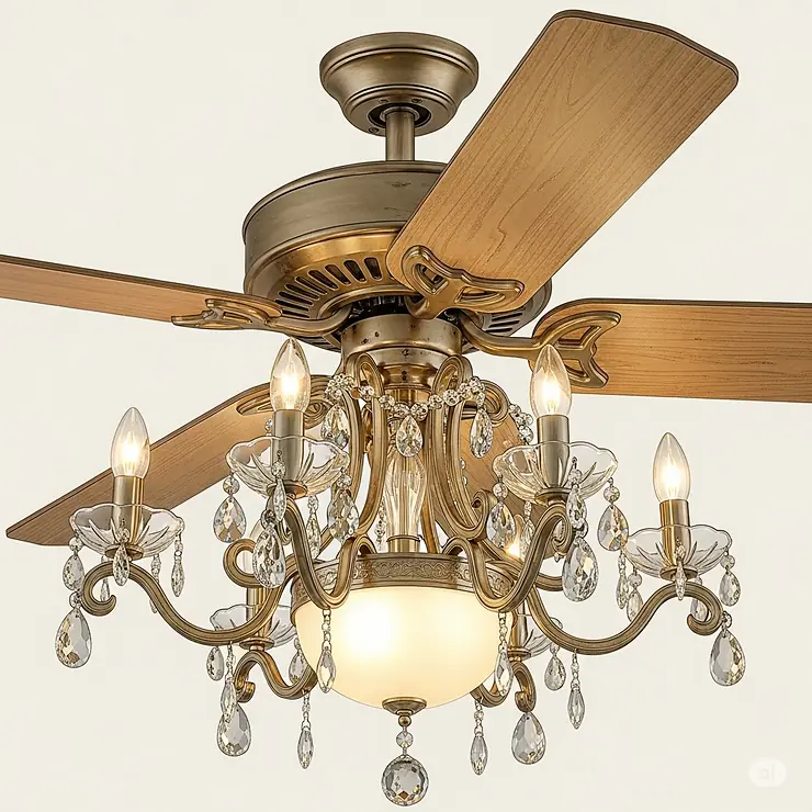 Detailed illustration of a French country ceiling fan with an integrated chandelier-style light fixture.