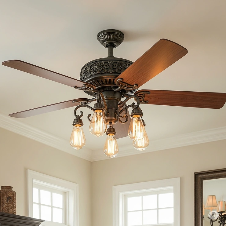 Elegant French country ceiling fan featuring decorative wrought iron accents and a vintage-inspired light kit.