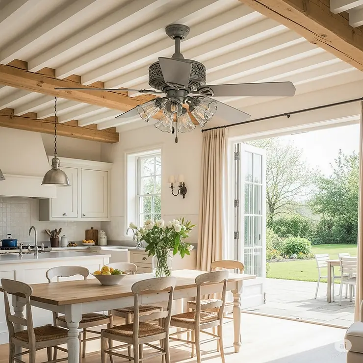 A stylish French country ceiling fan enhancing the ambiance of an open-plan kitchen and dining area.