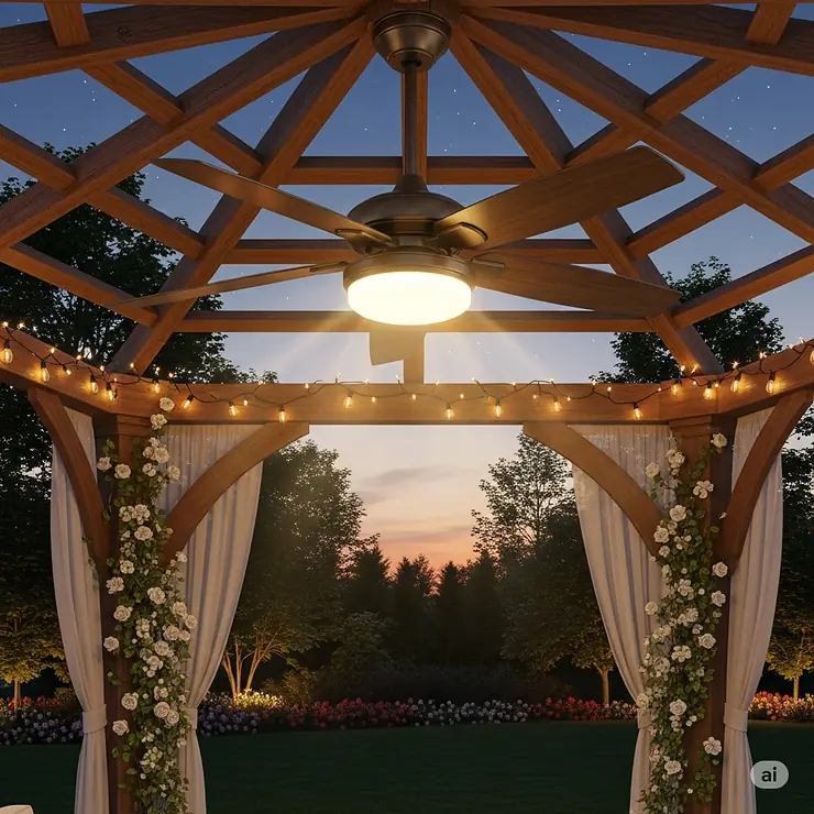 An elegant bronze hanging outdoor fan with integrated LED lighting, illuminating and cooling a spacious backyard gazebo.
