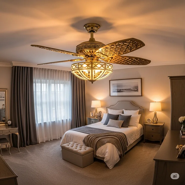 Elegant gold ceiling fan with light installed in a cozy bedroom, providing both airflow and ambient illumination.