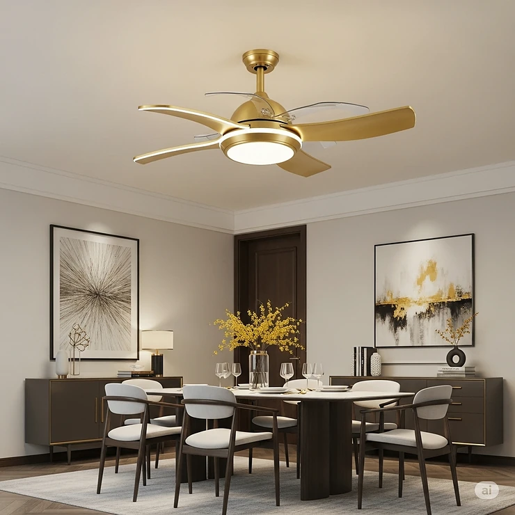 Contemporary gold ceiling fan with light fixture enhancing a dining room, creating a comfortable and well-lit eating area.