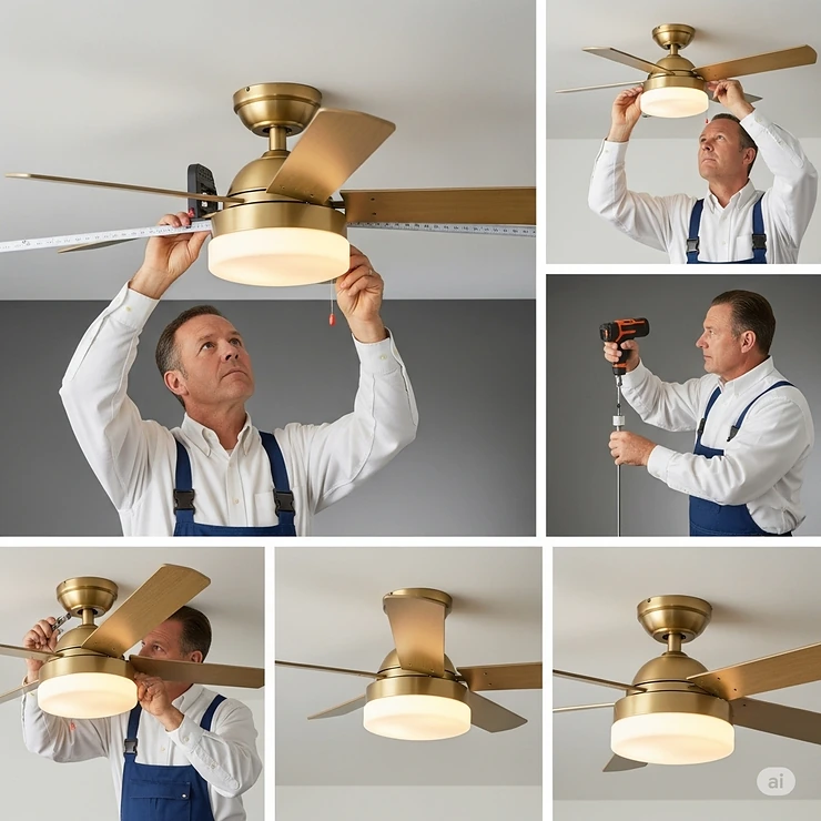 Professional installing a gold ceiling fan with light onto a ceiling, highlighting the installation process.
