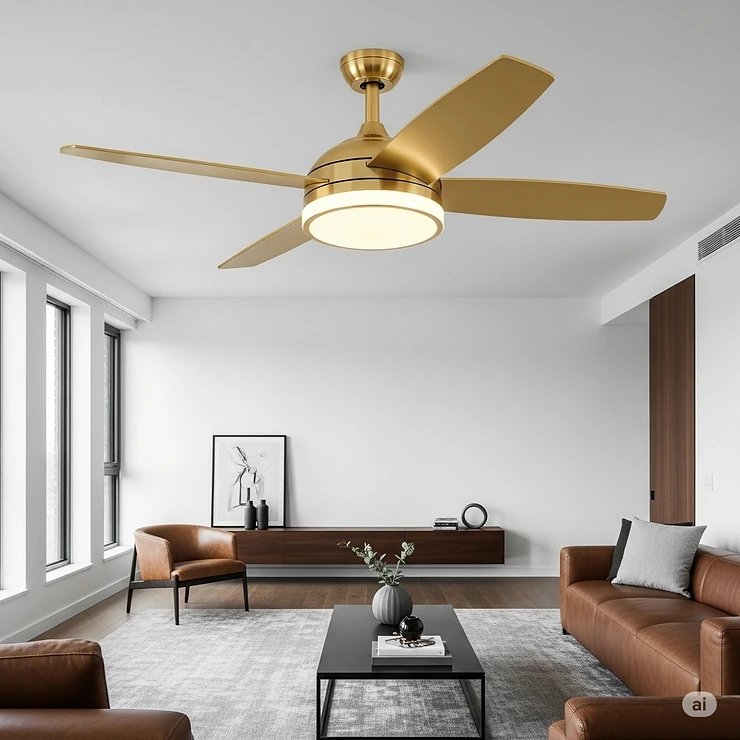 A luxurious gold ceiling fan with an integrated LED light fixture illuminating a modern living room, complementing the warm decor.
