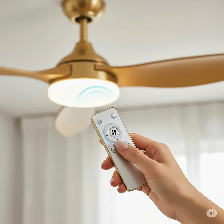 Hand holding a remote control for a gold ceiling fan with light, demonstrating easy operation and adjustable settings.