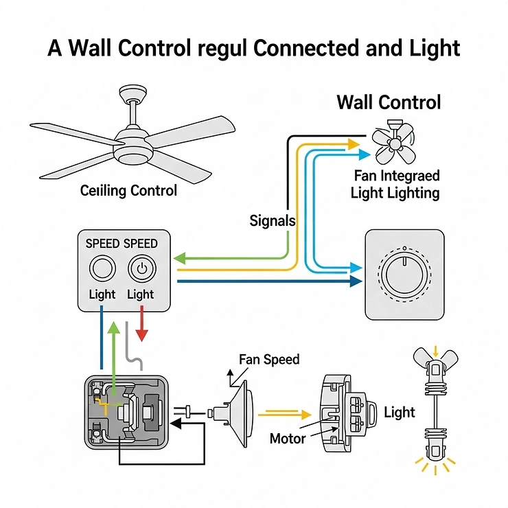 An infographic simplifying the process of how a wall control regulates the speed and light of a connected ceiling fan.
