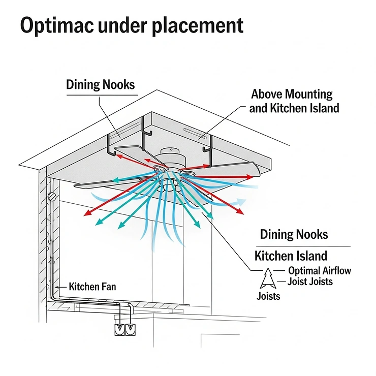 A simplified diagram demonstrating the ideal placement and mounting points for installing ceiling fans in a kitchen, such as above a dining nook or island.