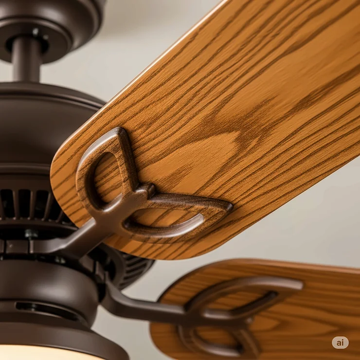 Detail of the high-quality wooden blades on a Hunter 60-inch ceiling fan, designed for efficient air movement and sophisticated aesthetics.