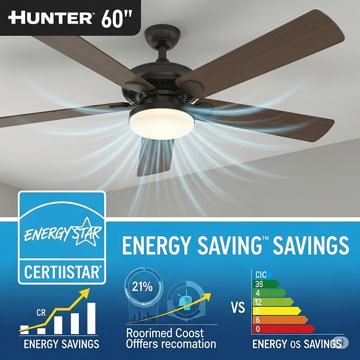 Energy Star certified label prominently displayed on a graphic representing the efficiency of a Hunter 60-inch ceiling fan, emphasizing energy savings.