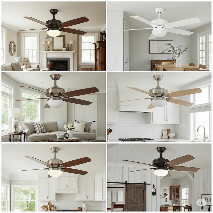 Visual display of various stylish finishes and color options available for Hunter 60-inch ceiling fans, to match any decor.
