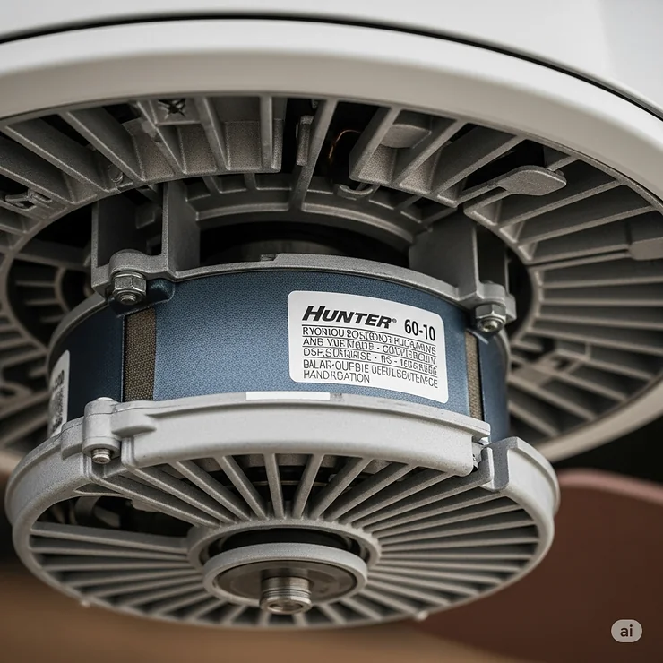 Close-up view of the powerful motor housing on a Hunter 60-inch ceiling fan, showcasing durable construction and quality.