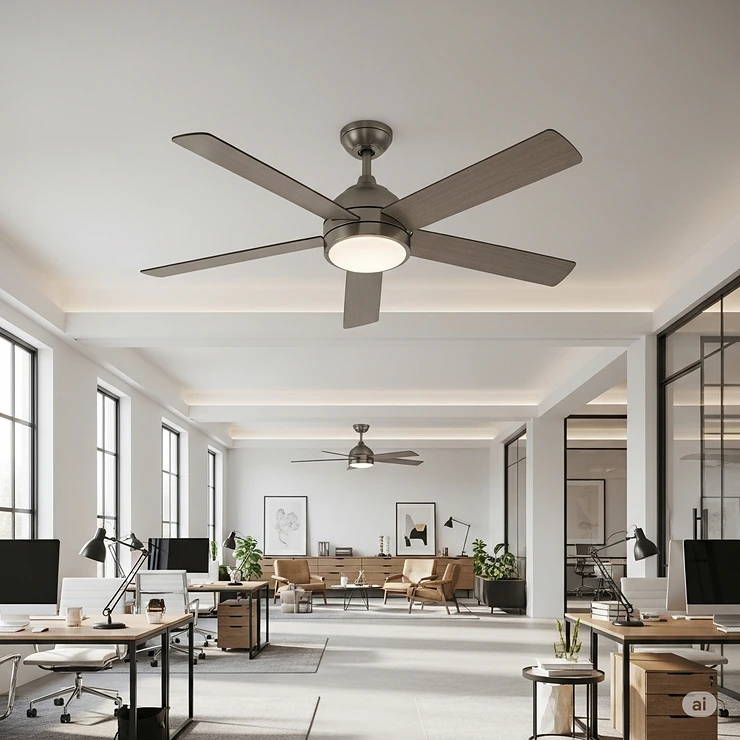 Hunter 60-inch ceiling fan installed in a modern office space, demonstrating its suitability for both residential and commercial large-room applications.