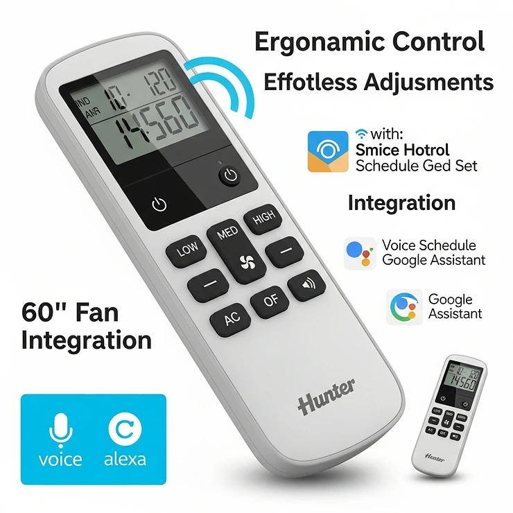 Ergonomic remote control for a Hunter 60-inch ceiling fan, highlighting convenient speed adjustments and smart home integration features.